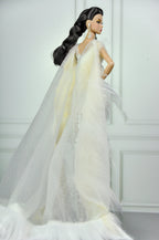 HAUTE | Champagne Illusion Couture Gown for Fashion Royalty Doll | 1/6 Scale Beaded Evening Dress with Fur Cape | Plastiktiara