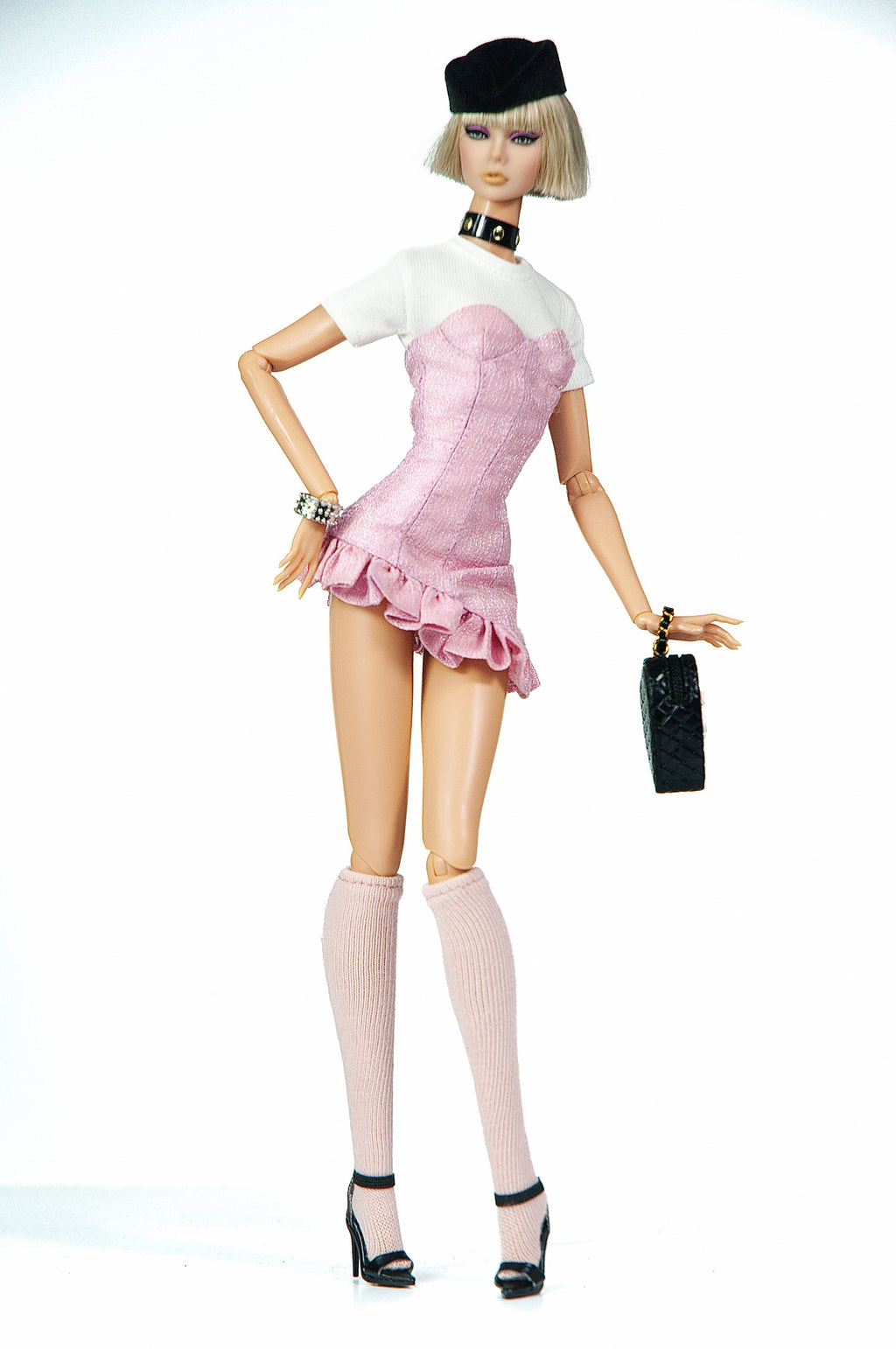 BASIC | Blush Corset Ruffle Mini Dress Set for 1/6 Scale Fashion Dolls | Handmade Tweed Dress with White Tee | Luxury Doll Clothes