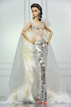 HAUTE | Champagne Illusion Couture Gown for Fashion Royalty Doll | 1/6 Scale Beaded Evening Dress with Fur Cape | Plastiktiara