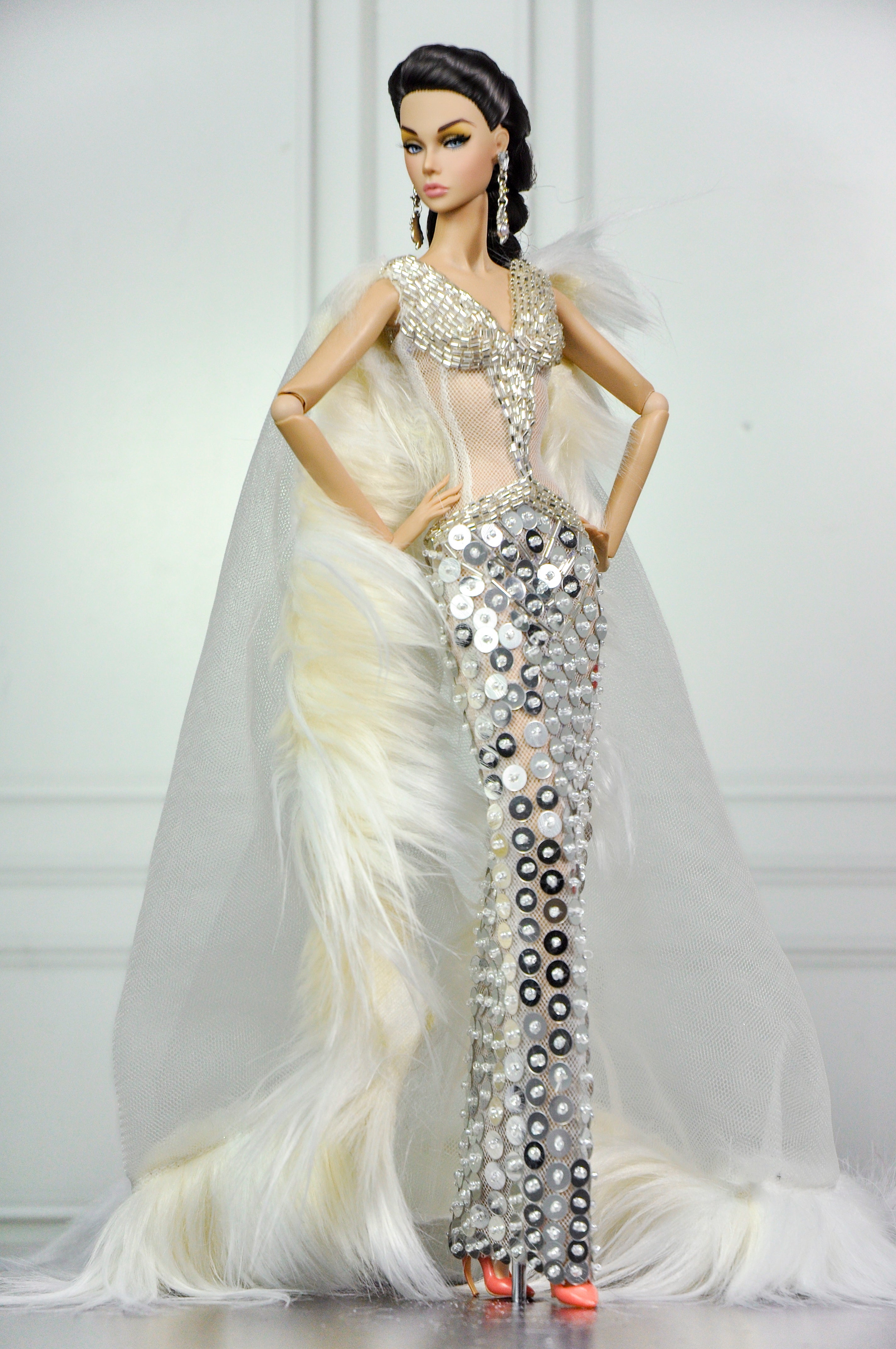 HAUTE | Champagne Illusion Couture Gown for Fashion Royalty Doll | 1/6 Scale Beaded Evening Dress with Fur Cape | Plastiktiara