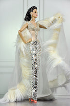 HAUTE | Champagne Illusion Couture Gown for Fashion Royalty Doll | 1/6 Scale Beaded Evening Dress with Fur Cape | Plastiktiara