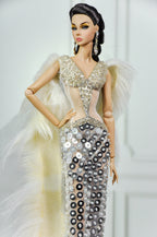 HAUTE | Champagne Illusion Couture Gown for Fashion Royalty Doll | 1/6 Scale Beaded Evening Dress with Fur Cape | Plastiktiara