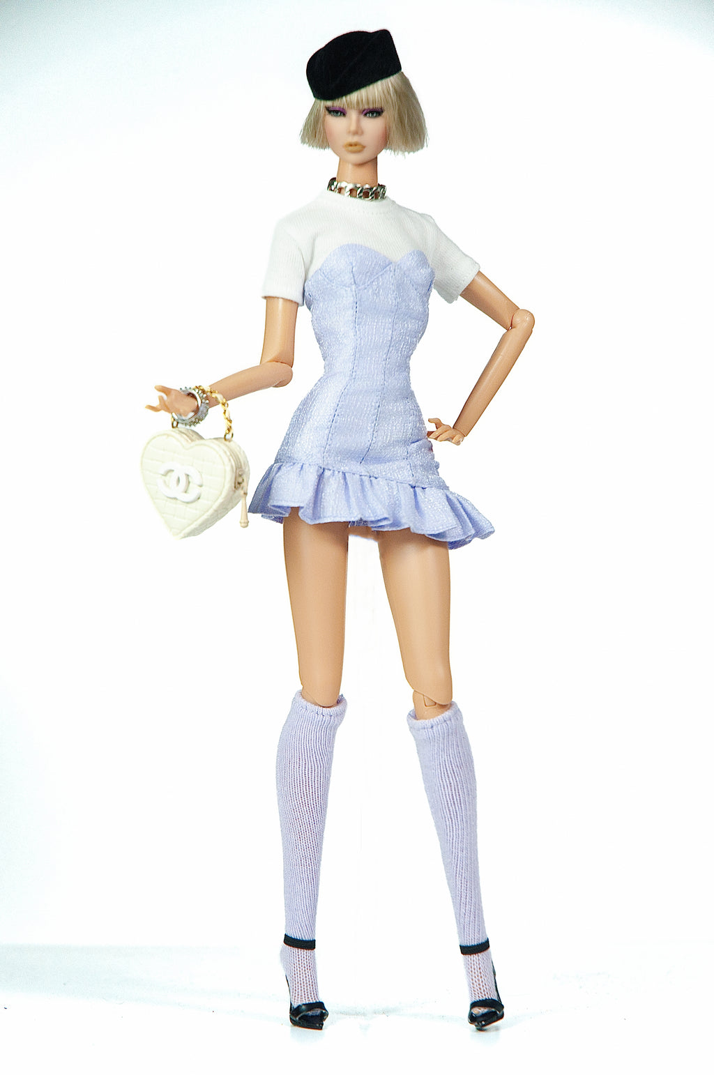 BASIC | Blush Corset Ruffle Mini Dress Set for 1/6 Scale Fashion Dolls | Handmade Tweed Dress with White Tee | Luxury Doll Clothes