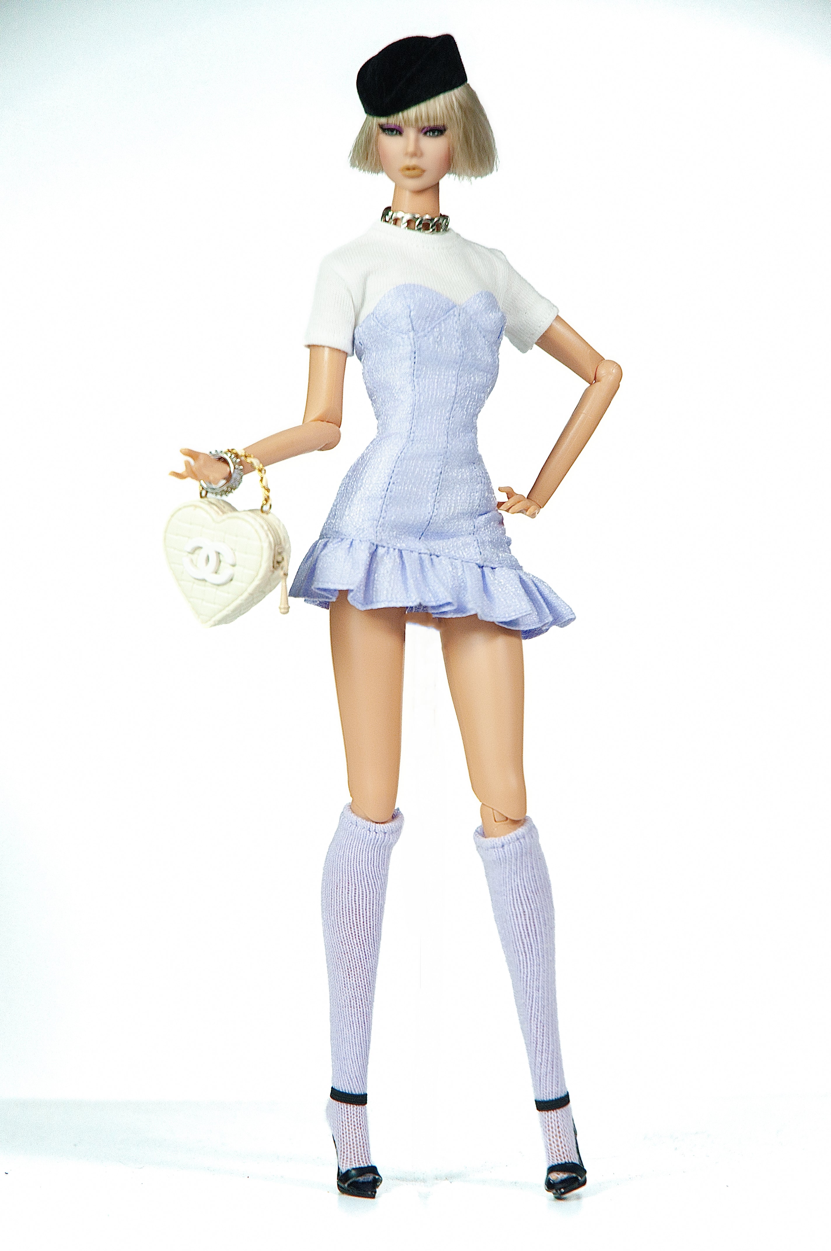 BASIC | Blush Corset Ruffle Mini Dress Set for 1/6 Scale Fashion Dolls | Handmade Tweed Dress with White Tee | Luxury Doll Clothes