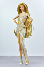 NIGHT AWAY | Champagne Fringe Beaded Dress for Fashion Royalty Doll – Sheer Couture 1/6 Scale Asymmetrical Evening Look