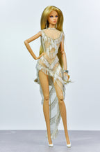 NIGHT AWAY | Champagne Fringe Beaded Dress for Fashion Royalty Doll – Sheer Couture 1/6 Scale Asymmetrical Evening Look