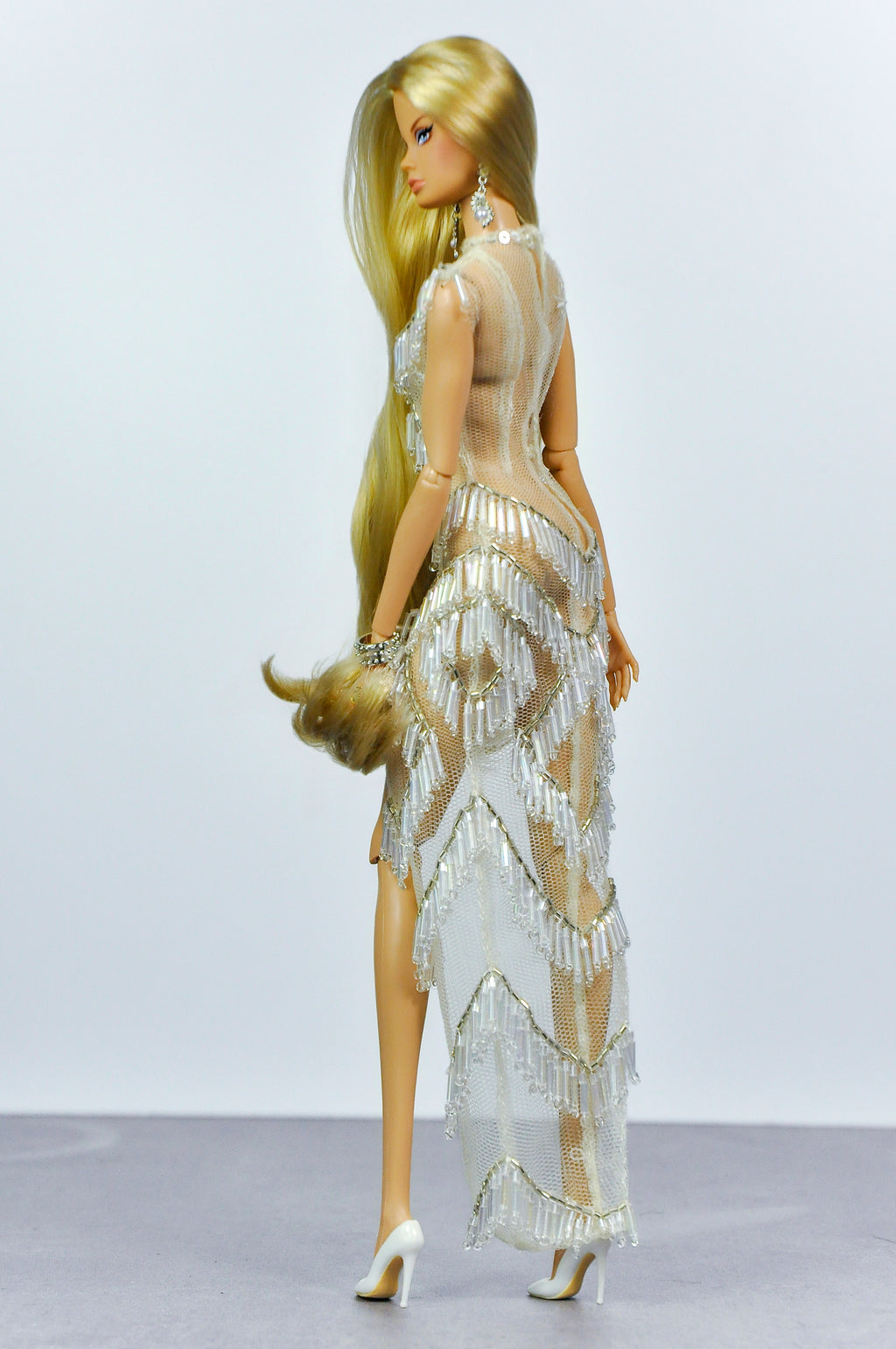 NIGHT AWAY | Champagne Fringe Beaded Dress for Fashion Royalty Doll – Sheer Couture 1/6 Scale Asymmetrical Evening Look