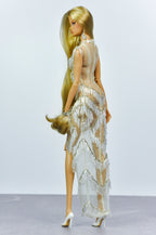 NIGHT AWAY | Champagne Fringe Beaded Dress for Fashion Royalty Doll – Sheer Couture 1/6 Scale Asymmetrical Evening Look