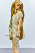 NIGHT AWAY | Champagne Fringe Beaded Dress for Fashion Royalty Doll – Sheer Couture 1/6 Scale Asymmetrical Evening Look