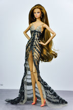 NIGHT AWAY | Black Crystal Illusion Gown for Fashion Royalty 12” Doll Clothes – Sheer Beaded Evening Dress with Dramatic Train