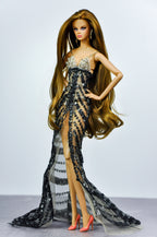 NIGHT AWAY | Black Crystal Illusion Gown for Fashion Royalty 12” Doll Clothes – Sheer Beaded Evening Dress with Dramatic Train