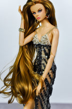 NIGHT AWAY | Black Crystal Illusion Gown for Fashion Royalty 12” Doll Clothes – Sheer Beaded Evening Dress with Dramatic Train