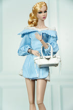 EDEN CHOICE | Riviera Blue Stripe Off Shoulder Mini Dress | Handmade Fashion Doll Dress | Plastiktiara
