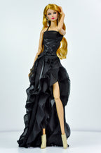 BASIC | Midnight & Scarlet Corset Ruffle Gown – Fashion Royalty 6.0 Doll Clothes | High Slit Dramatic Evening Dress | OOAK Collector Piece