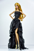 BASIC | Midnight & Scarlet Corset Ruffle Gown – Fashion Royalty 6.0 Doll Clothes | High Slit Dramatic Evening Dress | OOAK Collector Piece