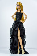 BASIC | Midnight & Scarlet Corset Ruffle Gown – Fashion Royalty 6.0 Doll Clothes | High Slit Dramatic Evening Dress | OOAK Collector Piece