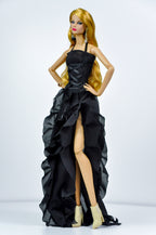 BASIC | Midnight & Scarlet Corset Ruffle Gown – Fashion Royalty 6.0 Doll Clothes | High Slit Dramatic Evening Dress | OOAK Collector Piece