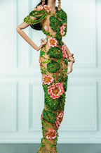 OOAK | Enchanted Garden Hand Beaded Floral Couture Gown | Collector Fashion Doll Dress | Plastiktiara