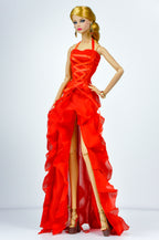 BASIC | Scarlet Corset Ruffle Gown – Fashion Royalty 6.0 Doll Clothes | High Slit Dramatic Evening Dress | OOAK Collector Piece