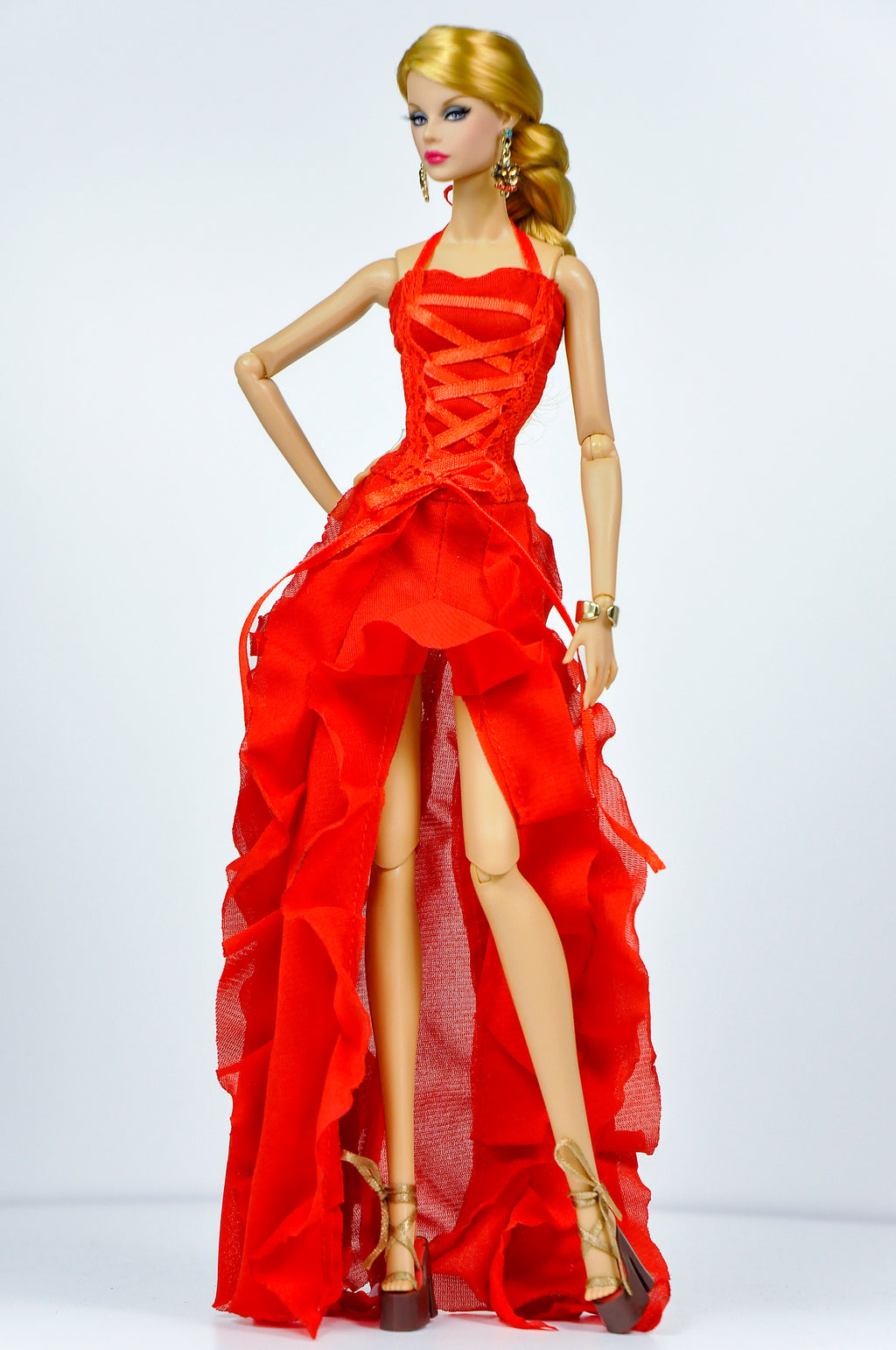 BASIC | Scarlet Corset Ruffle Gown – Fashion Royalty 6.0 Doll Clothes | High Slit Dramatic Evening Dress | OOAK Collector Piece