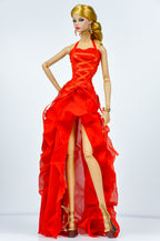 BASIC | Scarlet Corset Ruffle Gown – Fashion Royalty 6.0 Doll Clothes | High Slit Dramatic Evening Dress | OOAK Collector Piece
