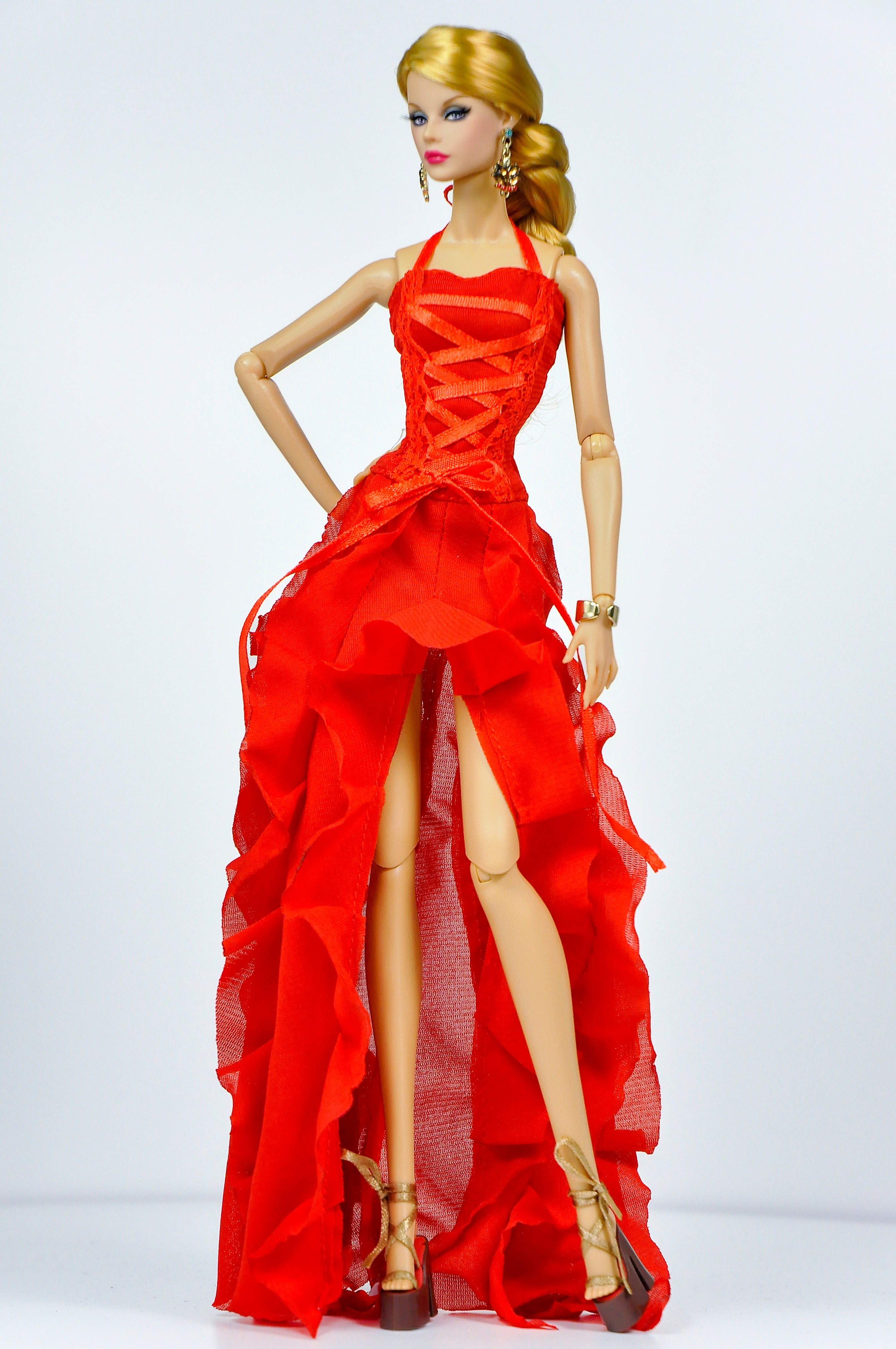 BASIC | Scarlet Corset Ruffle Gown – Fashion Royalty 6.0 Doll Clothes | High Slit Dramatic Evening Dress | OOAK Collector Piece