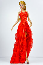 BASIC | Scarlet Corset Ruffle Gown – Fashion Royalty 6.0 Doll Clothes | High Slit Dramatic Evening Dress | OOAK Collector Piece