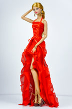 BASIC | Scarlet Corset Ruffle Gown – Fashion Royalty 6.0 Doll Clothes | High Slit Dramatic Evening Dress | OOAK Collector Piece