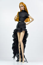 BASIC | Midnight Cascade High-Low Dress Set for 1/6 Scale Fashion Dolls | Elegant Black Ruffled Evening Outfit | Fashion Royalty Doll Clothes