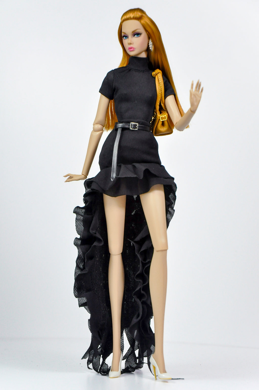 BASIC | Midnight Cascade High-Low Dress Set for 1/6 Scale Fashion Dolls | Elegant Black Ruffled Evening Outfit | Fashion Royalty Doll Clothes