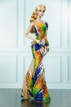 OOAK | Prism Rainbow Hand Beaded Couture Gown | Collector Fashion Doll Dress | Plastiktiara
