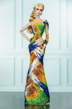 OOAK | Prism Rainbow Hand Beaded Couture Gown | Collector Fashion Doll Dress | Plastiktiara