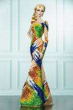 OOAK | Prism Rainbow Hand Beaded Couture Gown | Collector Fashion Doll Dress | Plastiktiara