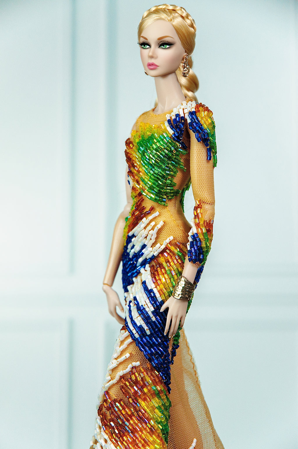 OOAK | Prism Rainbow Hand Beaded Couture Gown | Collector Fashion Doll Dress | Plastiktiara