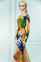 OOAK | Prism Rainbow Hand Beaded Couture Gown | Collector Fashion Doll Dress | Plastiktiara