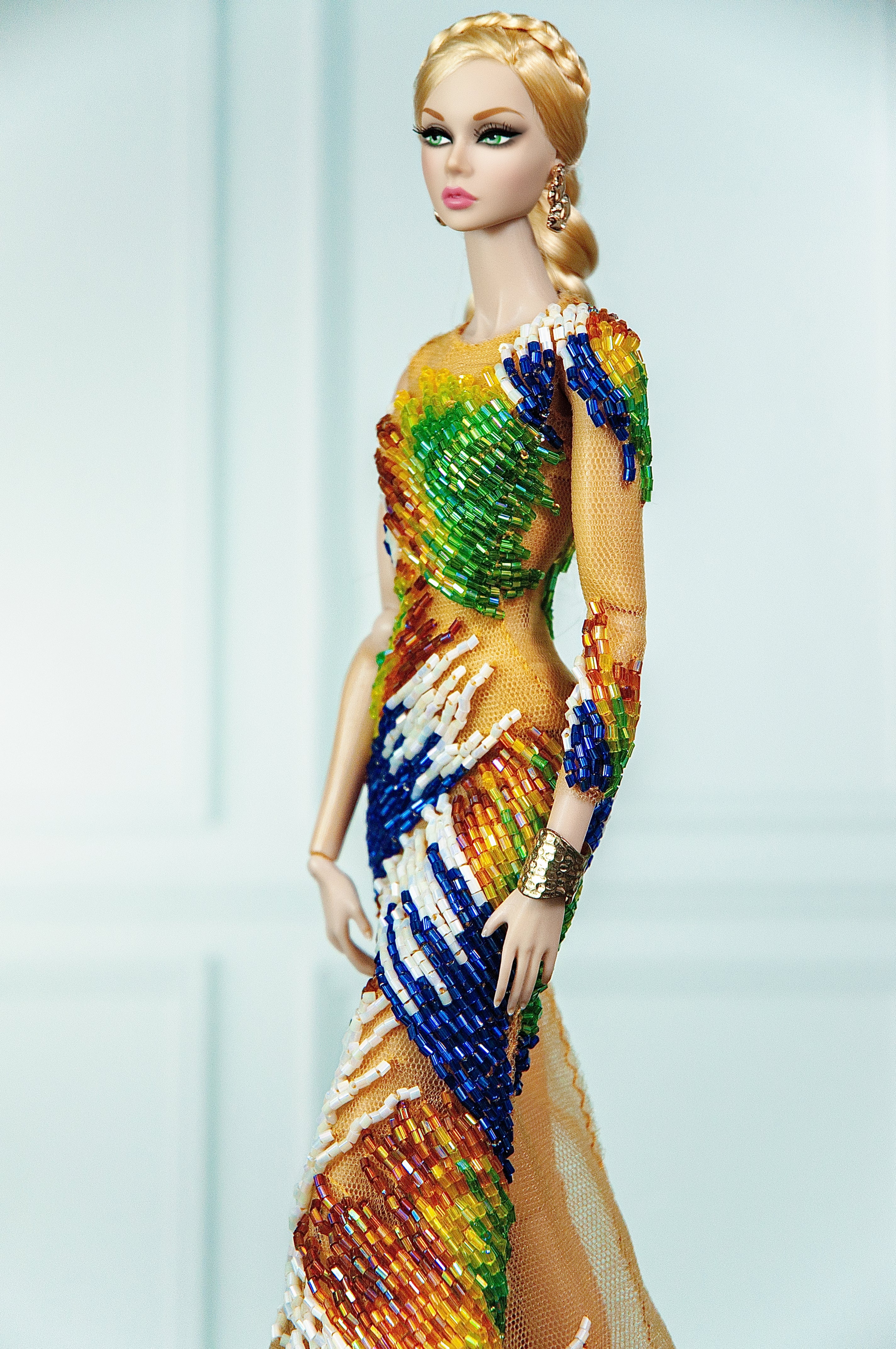 OOAK | Prism Rainbow Hand Beaded Couture Gown | Collector Fashion Doll Dress | Plastiktiara