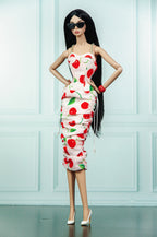 EDEN CHOICE | Cherry Blossom Ruched Midi Dress | Handmade Fashion Doll Dress | Plastiktiara