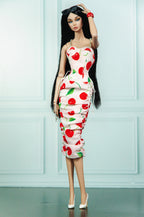EDEN CHOICE | Cherry Blossom Ruched Midi Dress | Handmade Fashion Doll Dress | Plastiktiara