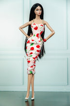 EDEN CHOICE | Cherry Blossom Ruched Midi Dress | Handmade Fashion Doll Dress | Plastiktiara