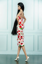 EDEN CHOICE | Cherry Blossom Ruched Midi Dress | Handmade Fashion Doll Dress | Plastiktiara
