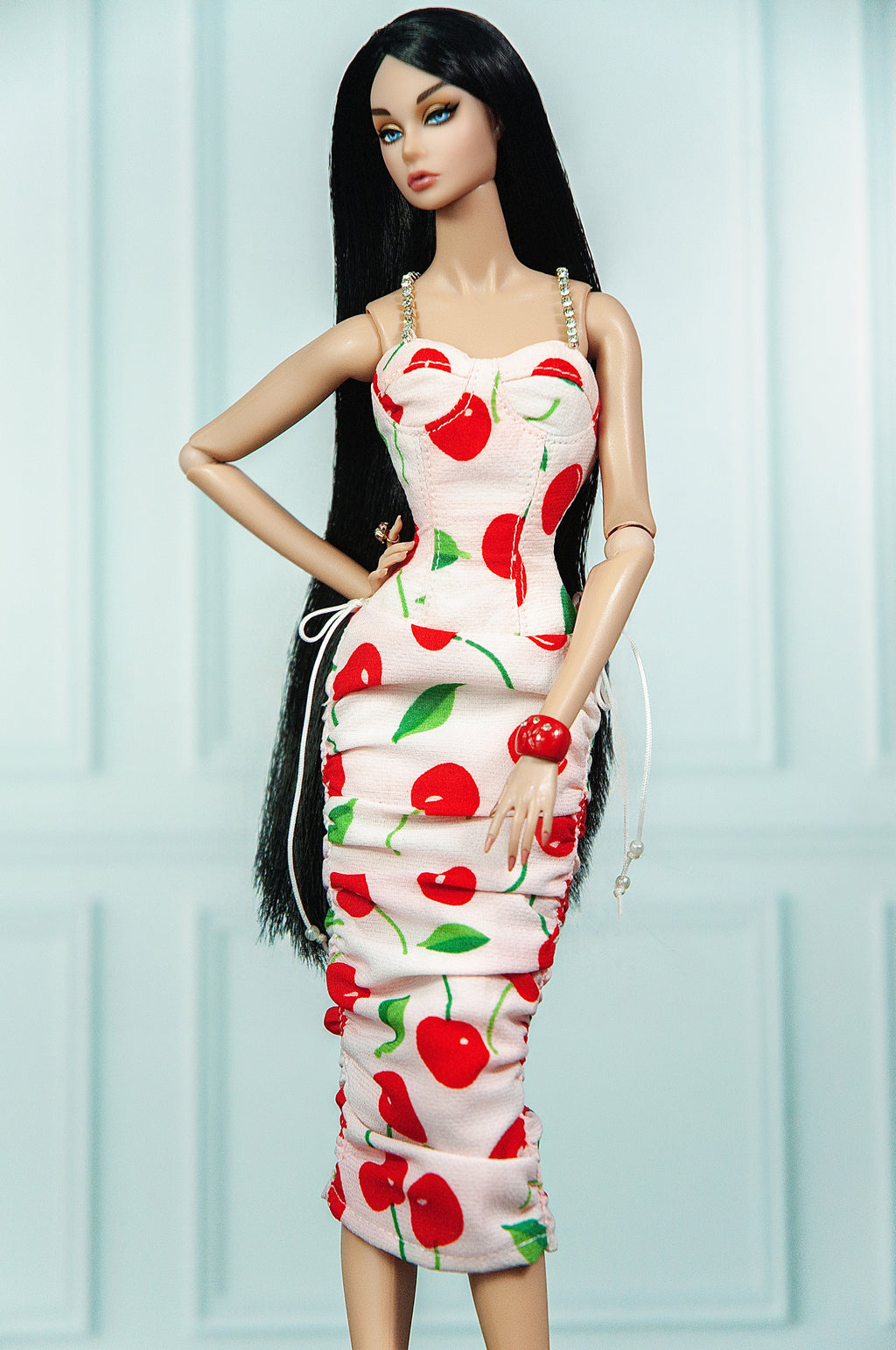 EDEN CHOICE | Cherry Blossom Ruched Midi Dress | Handmade Fashion Doll Dress | Plastiktiara