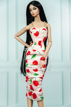 EDEN CHOICE | Cherry Blossom Ruched Midi Dress | Handmade Fashion Doll Dress | Plastiktiara