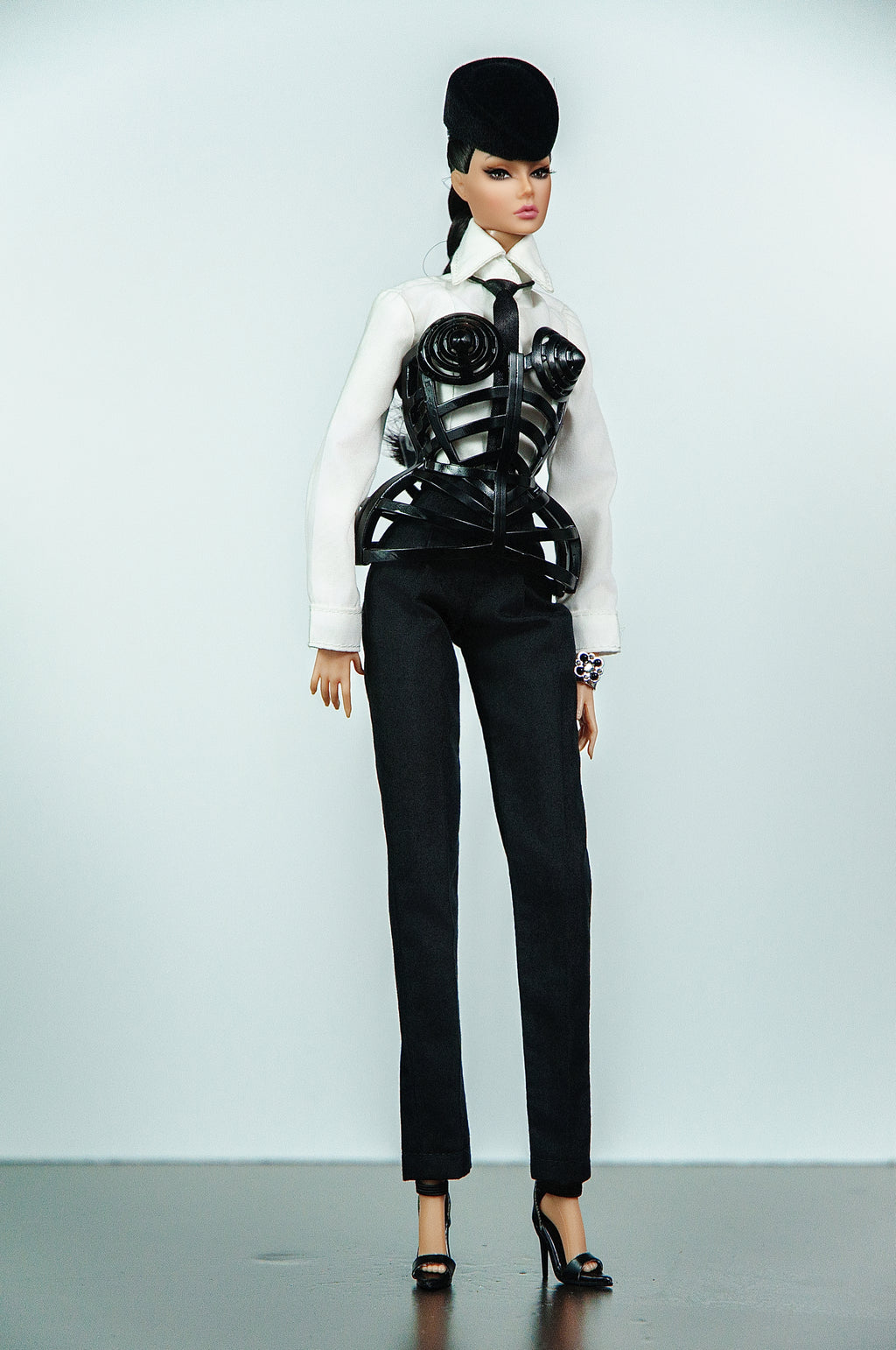 DELUXE | 3D Printed Sculptural Bustier with Tailored Shirt & Pants Set for 12 Inch Fashion Dolls | Collector Couture Outfit