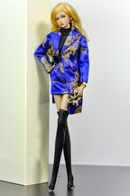 BASIC | Fashion Royalty 6.0 Doll Coat – Royal Blue & Gold Brocade Wrap Coat with Belt, Statement Outerwear for B@rbie & FR Dolls