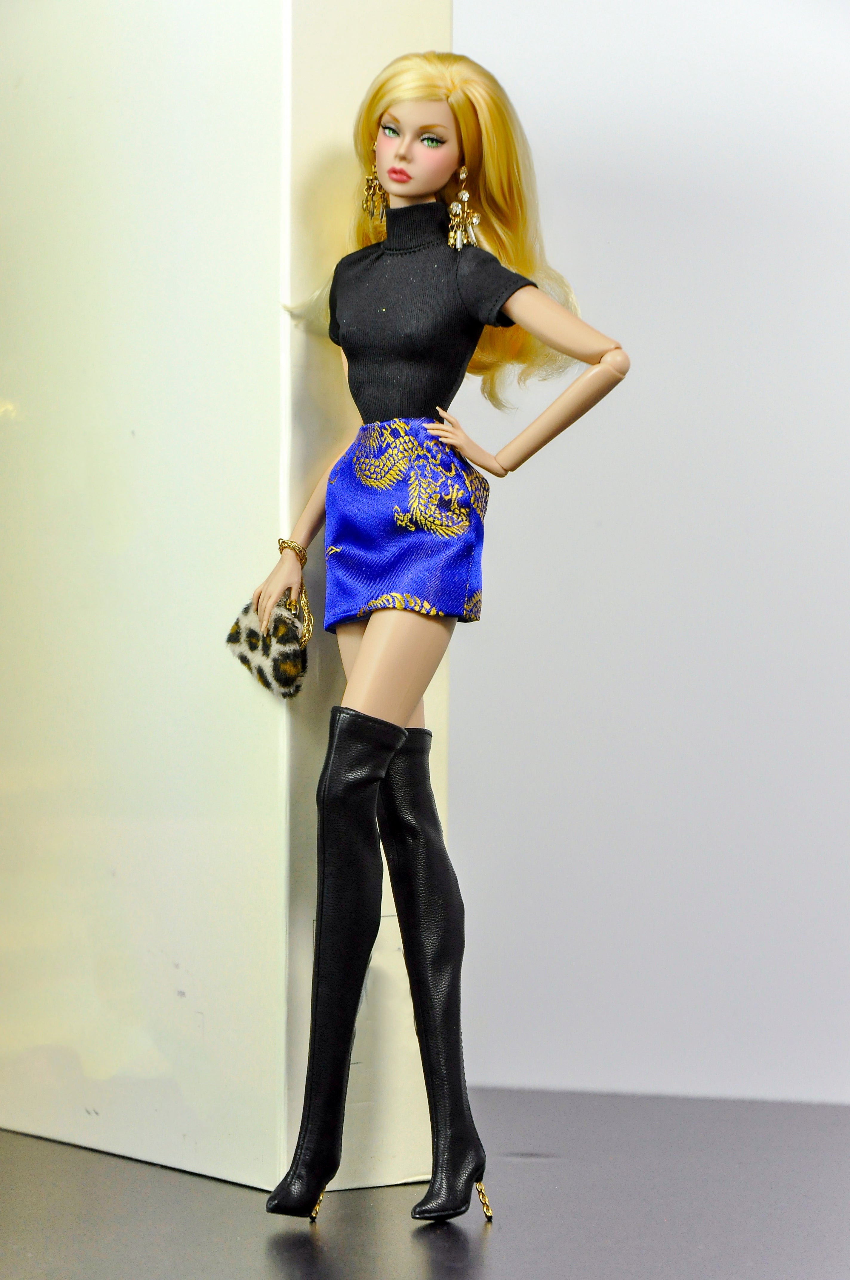 BASIC | Fashion Royalty 6.0 Doll Coat – Royal Blue & Gold Brocade Wrap Coat with Belt, Statement Outerwear for B@rbie & FR Dolls