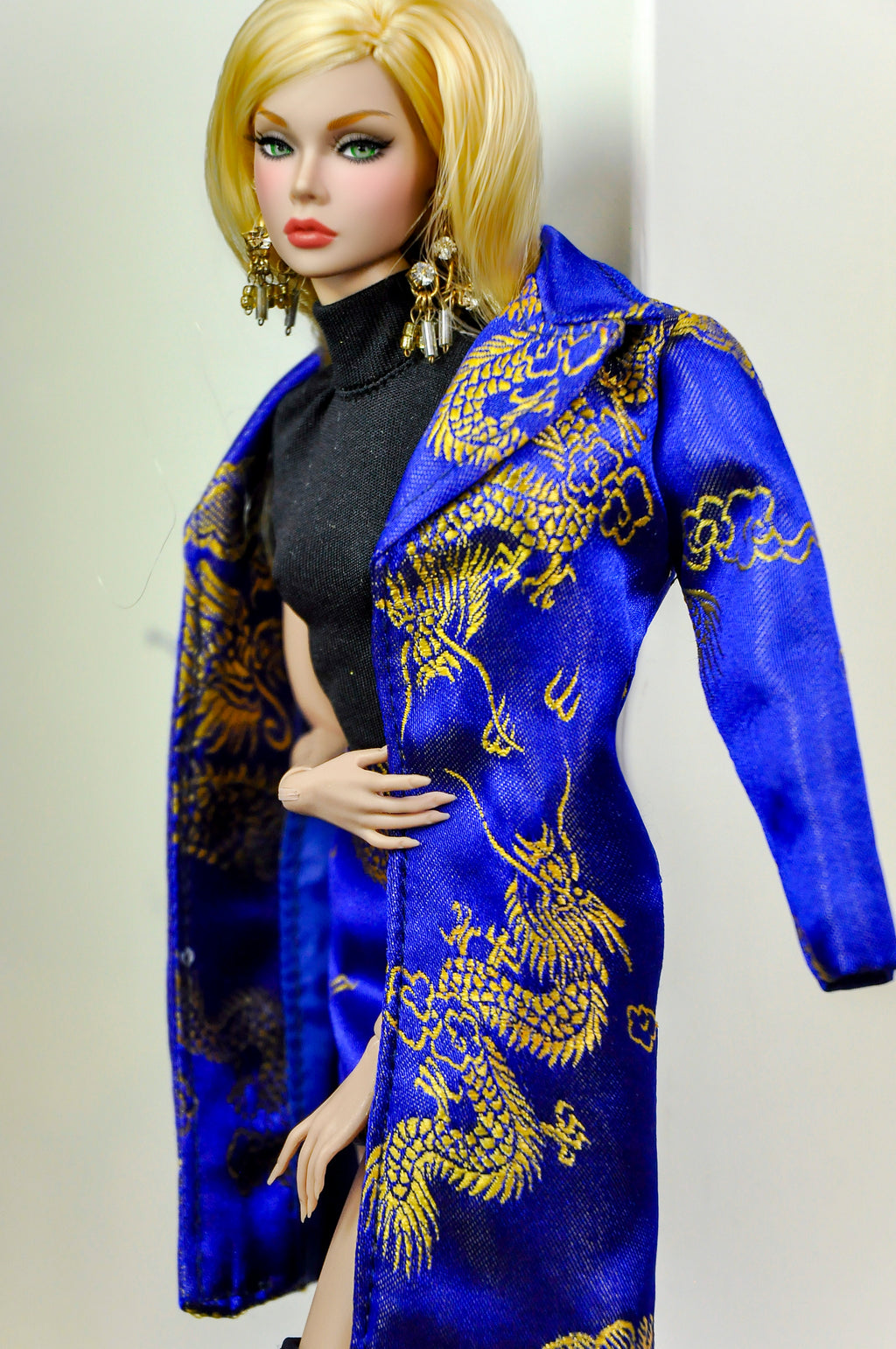BASIC | Fashion Royalty 6.0 Doll Coat – Royal Blue & Gold Brocade Wrap Coat with Belt, Statement Outerwear for B@rbie & FR Dolls