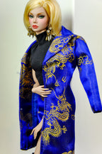 BASIC | Fashion Royalty 6.0 Doll Coat – Royal Blue & Gold Brocade Wrap Coat with Belt, Statement Outerwear for B@rbie & FR Dolls