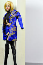 BASIC | Fashion Royalty 6.0 Doll Coat – Royal Blue & Gold Brocade Wrap Coat with Belt, Statement Outerwear for B@rbie & FR Dolls