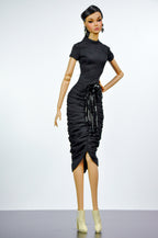STYLISH WIDOW | Black Ruched Midi Dress for Fashion Royalty Doll | Embellished Waist Detail | 1/6 Scale Evening Look