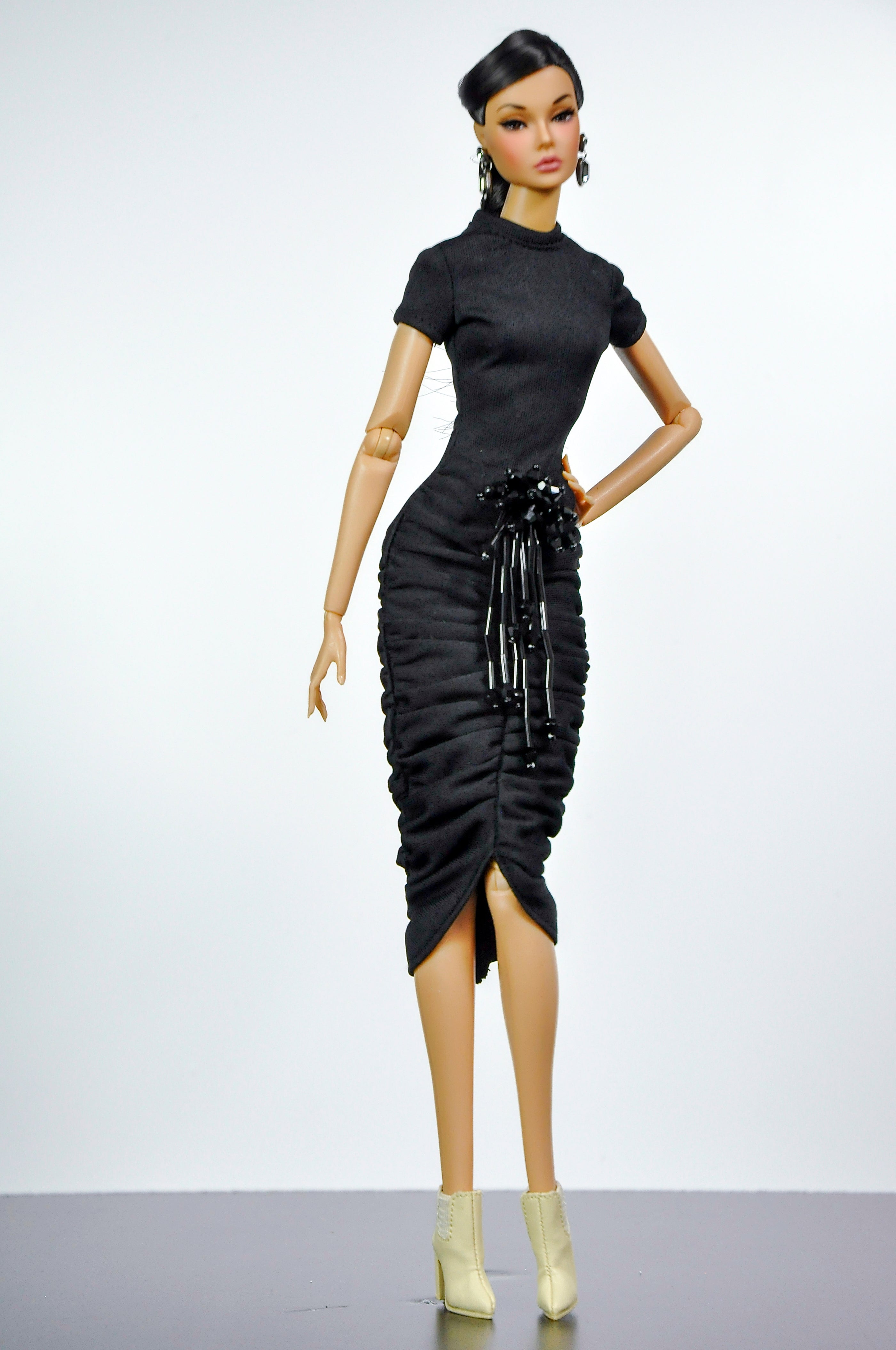STYLISH WIDOW | Black Ruched Midi Dress for Fashion Royalty Doll | Embellished Waist Detail | 1/6 Scale Evening Look